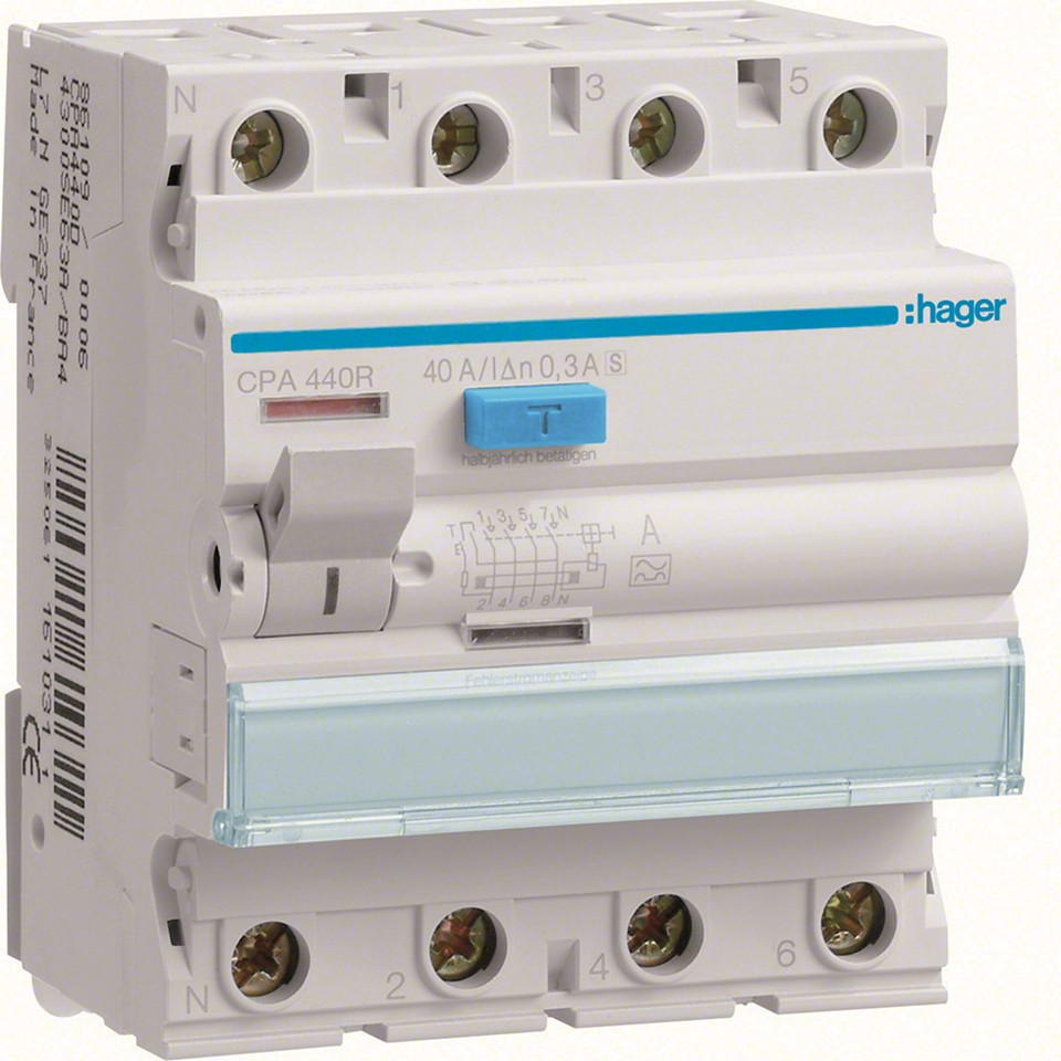 Hager Jordfelsbrytare Selektiv Typ A 4P 40A 300mA CPA440R