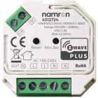 En bild frn Elbutik.se som visar Namron Z-Wave Dimmer 2 400W, en dimmer fr infllt montage. Dimmern anvnds fr att sl p, av och dimra anslutna belysningsenheter och kan mta strmfrbrukningen. Den fungerar med bde halogen- och LED-ljuskllor. Dimmern r bakkantstyrd med 100-240VAC ingng och utgng och har en kompakt storlek fr enkel placering i en standard apparatdosa.