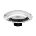 En rund LED-markarmatur i rostfritt stl med diskret ppning fr ljusutspridning