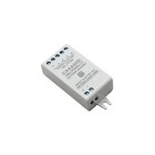 En Casambi CBU-PWM4R LED-dimmer med fyra kanaler visas i sned vinkel. Den kompakta enheten r mrkt med anslutningar och tekniska specifikationer