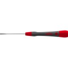 En precisionsmejsel med rakt blad och ergonomiskt handtag i rtt och svart frn Wiha. Verktyget ligger horisontellt mot en vit bakgrund.