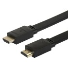 En platt HDMI-kabel med tv guldplterade kontakter visas p nrbild. Kabeln r svart och tydligt mrkt med HDMI-logo.