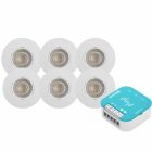 J&EL Alna Downlight CCT 6,5W Matt Vit 6-pack + Plejd DIM-01 Ett paket med sex infällda LED-spotlights i vitt, tillsammans med en blåvit dimmermodul från Plejd.