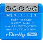 Shelly 1 Mini Gen4 En blå Shelly 1 Mini Gen4-modul med fem skruvanslutningar på ovansidan och tekniska specifikationer tryckta på framsidan, inklusive 110–240V, 50/60 Hz och maxeffekt på 2000W