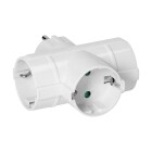 Ett vitt grenuttag med tre runda uttag, utformat i T-form fr att mjliggra samtidig anslutning av flera elapparater.