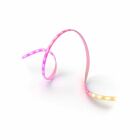 Philips Hue Flux LEDstrip En RGB LED-strip som lyser i rosa och varmvita toner, böjd i en elegant form på vit bakgrund