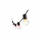 En nrbild visar en rad kulformade LED-lampor med olika frger  gul, rosa, rd och lila  monterade p en svart kabel