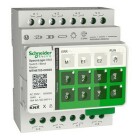En nrbild av SpaceLogic KNX Switch/Blind Master frn Schneider Electric, med tydliga markerade knappar och anslutningspunkter.