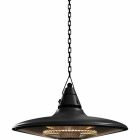 En takhngd svart vrmelampa med synligt galler och kedjeupphngning avger ett varmt sken