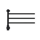 En svart, vggmonterad elektrisk handdukstork med tre svngbara armar visas i profil mot vit bakgrund.