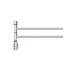 En kromad, vggmonterad handdukstork med tv utfllbara armar visas mot vit bakgrund.