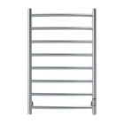 En stilren kromad handdukstork med nio runda stnger och en liten digital kontrollpanel lngst ner. 