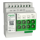 Nrbild p Schneider Electric SpaceLogic KNX Dimmer Master med tydlig etikett, 8 knappar och terminalanslutningar.