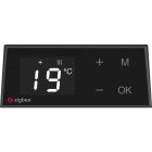 En svart Zigbee-termostat med digital display visar 19C och symboler fr vrme och dagslge. Enheten har knappar fr justering, meny och bekrftelse.