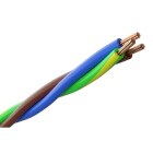 Tre frgkodade elkablar i brunt, bltt och grngult tvinnas samman med exponerade kopparledare i ena nden