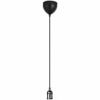 En minimalistisk pendellampa med svart takkpa, lng svart textilkabel och ett blnkande metallsockel utan gldlampa.