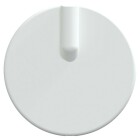 En rund, vit tckbricka med slt yta och en integrerad kabelklmma upptill.