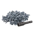 En h�g av sj�lvborrande skruvar med sexkantskalle och tillh�rande bits visas i n�rbild.