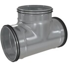 Ett T-r�r i metall f�r ventilation med tre �ppningar och gummit�tningar visas i perspektiv.