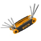 En vikbar torxnyckelsats med �tta olika nyckelstorlekar (T9�T40) visas utf�lld i solfj�dersform. Handtaget har ett greppv�nligt svart och orange utf�rande