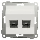 Ett Elko RS/Plus Keystone datauttag med dubbla portar f�r Cat6 STP-anslutning visas ur en l�tt vinkel.