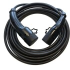 laddkabel p� 5 meter med Tesla-�ppningsknapp �r hoprullad och ligger p� en vit bakgrund. Kabeln �r 32A och klarar upp till 22&amp;#8239;kW