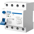 Jordfelsbrytare visas som en vit fyrpolig modul med bl� testknapp och tydliga m�rkningar p� fronten. Produkten presenteras frist�ende mot ljus bakgrund i ett produktgr�nssnitt, d�r Elbutik.se erbjuder komponenten f�r s�ker elinstallation i elcentraler.