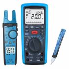Instrumentset Pro med digital multimeter, str�mt�ng och testpenna visas uppst�llda bredvid varandra, vilket illustrerar ett komplett m�tverktyg f�r elektriska installationer och fels�kning, ett professionellt verktygspaket som Elbutik.se erbjuder f�r b�de tekniker och installat�rer.