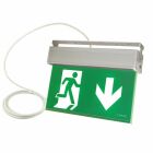 N�dutg�ngsskylt Alex med gr�n bakgrund och vit springande figur samt pil ned�t visas med ansluten kabel, vilket indikerar s�ker utrymningsv�g i byggnader, en viktig s�kerhetsprodukt som Elbutik.se tillhandah�ller f�r trygg installation.