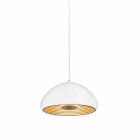 Vit Anile LED-pendel med rund, l�tt v�lvd sk�rm h�nger i en tunn kabel och sprider ett mjukt ned�triktat ljus, vilket skapar en behaglig atmosf�r, en stilren belysningsl�sning fr�n Elbutik.se.