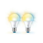 Tv� LED-lampor med E27-sockel av typen A60 visas sida vid sida, d�r deras varmvita till kallvita ljus illustrerar justerbar f�rgtemperatur. Elbutik.se tillhandah�ller denna 2-pack l�sning f�r flexibel och energieffektiv belysning i hemmet.