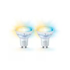 Tv� GU10 LED-lampor i PAR16-format visas bredvid varandra med olika ljusnyanser, vilket illustrerar justerbar f�rgtemperatur mellan varmt och kallt ljus. Hos Elbutik.se finns denna 2-pack l�sning f�r energieffektiv spotbelysning.