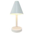 En vit bordslampa med konformad sk�rm och rund fot st�r mot neutral bakgrund. Lampan sprider ett mjukt ned�triktat ljus och fungerar som stilren belysning i hemmet, tillg�nglig hos Elbutik.se.