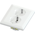 Ett vitt 2-v�gsuttag fr�n serien Namron Classic visas snett framifr�n och framh�ver tv� jordade uttag. Produkten presenteras som en stilren l�sning f�r v�ggmontering i hem, tillg�nglig via Elbutik.se.