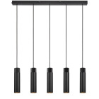 Pendellampan Tilo 5-spot i svart utf�rande h�nger fr�n en rektangul�r takplatta med fem cylindriska lampor i rad som riktar ljuset ned�t, visad p� produktsida med specifikationer; en stilren l�sning fr�n Elbutik.se.