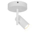 En vit takmonterad spotlight med rund bas riktar ljuset snett ned�t och passar f�r punktbelysning i mindre utrymmen. Denna kompakta armatur fr�n Elbutik.se erbjuder justerbar ljusvinkel och stilren design.