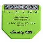Kompakt Shelly Dimmer Gen4-modul i gr�n kapsling visas framifr�n med tydligt m�rkta skruvterminaler, redo att styra belysning i smarta heminstallationer, en flexibel styrningsl�sning som Elbutik.se erbjuder f�r energieffektiv ljusreglering.