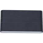 En svart rektangul�r v�gglampa i modellen Namron Ada 2x3,3W visas framifr�n med diskret ljus�ppning som sprider ljus upp�t och ned�t l�ngs v�ggen. Elbutik.se erbjuder denna kompakta armatur f�r stilren fasadbelysning i moderna milj�er.