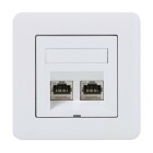 En vit v�ggplatta fr�n Schneider med tv� RJ45-n�tverksportar, installerad f�r n�tverksanslutning. Produkten finns hos Elbutik.se och �r l�mplig f�r kontor och hemmilj�er.