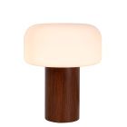 En bordslampa i tr� och opalglas, tillg�nglig via Elbutik.se, st�r centrerad mot vit bakgrund och visar sin cylindriska fot samt mjukt rundade sk�rm, vilket framh�ver dess varma ljusspridning och stilrena design.