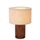 En kompakt bordslampa i tr� och linne, Lucide Tachina E14, visas i n�rbild d�r lampsk�rmen sprider ett mjukt ljus ovanf�r en stabil tr�fot, presenterad som stilren belysning fr�n Elbutik.se f�r moderna hemmilj�er.