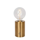 En kompakt bordslampa i matt guld med synlig ljusk�lla monterad ovanp� en cylindrisk bas sprider ett mjukt sken, en elegant och portabel belysningsl�sning som Elbutik.se erbjuder f�r moderna milj�er.