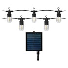 En solcellsdriven ljusslinga med filament LED-lampor och tillh�rande solpanel visas i ett produktgr�nssnitt d�r bilden laddas upp. Slingan, som Elbutik.se erbjuder, har j�mnt f�rdelade lampor och �r anpassad f�r dekorativ utomhusbelysning med energieffektiv drift.