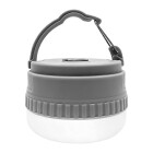 En kompakt camping LED-lampa med gr� ovandel och integrerad upph�ngningskrok visas mot vit bakgrund. Lampan sprider ett j�mnt ljus ned�t och erbjuds av Elbutik.se som en laddbar, portabel l�sning f�r friluftsliv och n�dsituationer.