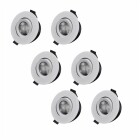 Sex runda downlights visas samlade i en grupp och framh�ver designen i d-007mw-7-6-mainimage_downlights-768x768.jpg, d�r varje armatur har en kompakt form och vit finish, passande f�r diskret takmontering i moderna hem fr�n Elbutik.se.