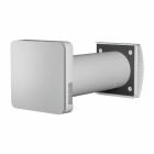 Flexit Aura One W rumsventilator visas i vit design d�r en cylindrisk kanal ansluter till en fyrkantig ytterdel, monterad genom v�gg f�r effektiv luftv�xling i moderna bost�der, tillg�nglig via Elbutik.se.