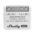 Shelly EM Mini Gen4-modul visas mot vit bakgrund med tydliga anslutningar och m�rkning p� framsidan. Elbutik.se erbjuder denna kompakta energim�tare f�r smart �vervakning av elf�rbrukning i moderna hemautomationssystem.