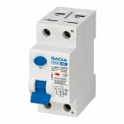 en Gacia jordfelsbrytare 2-pol 25A 30mA 10kA Typ A med bl� testknapp och brytare, frilagd mot vit bakgrund f�r Elbutik.se produktvisning och s�ker elinstallation.