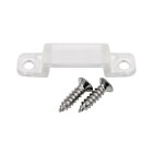 Ett vitt monteringsclips med tillh�rande skruvar visas mot ljus bakgrund. COB230-Clips fr�n Elbutik.se anv�nds f�r stabil och diskret montering av Designlight Cobby 230V LEDlister i b�de hemmilj�er och professionella installationer.