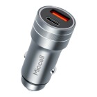Billaddare USB-A USB-C visas som kompakt silverf�rgad laddare med synliga portar i ovandelen. Produkten ansluts i bilens uttag och ger smidig laddning av mobiltelefoner och andra enheter, tillg�nglig hos Elbutik.se.